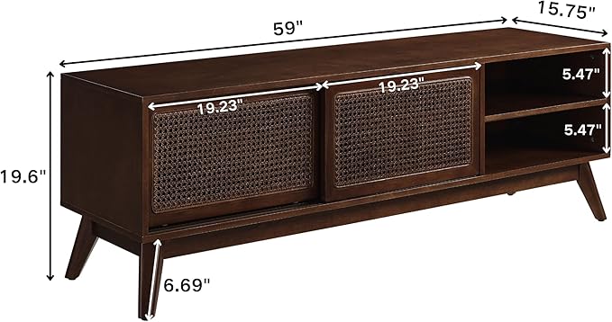 LKTART Boho Mid Century TV Stand,59" Rattan Entertainment Center,Media Console with Solid Wood Legs,Adjustable Feet & Divided Storage,TV Cabinet for 65 Inch TV,Dark Walnut