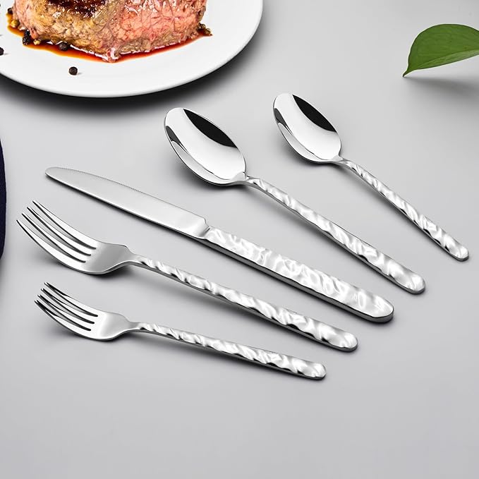 NICE KITCHEN 60 Piece Silverware Set for 12, Food-Grade Stainless Steel Utensils Set,Wave Style Design & Mirror Polished - Dishwasher Safe