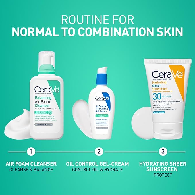 CeraVe Balancing Air Foam Face Wash, Foaming Facial Cleanser For Combination Skin, 8HR Oil Control + 24HR Hydration, Fragrance-Free & Non-Comedogenic, With Glycolysine™ & 3 Essential Ceramides, 8oz