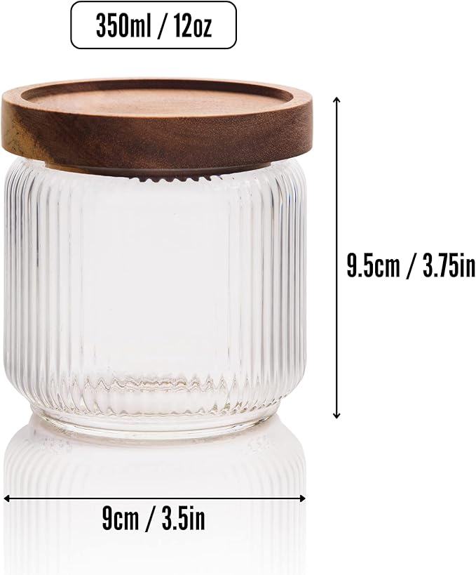 Mason & Fable 12 fl oz, 350ml Glass Food Storage Jars with Wood Lids (6pcs) - Stylish Ribbed Pattern for Kitchen Organization and Storage Containers for Spice, Tea, Coffee/Sugar