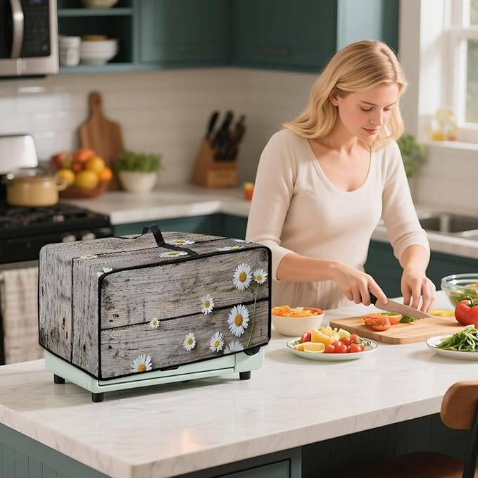 Toaster Oven Cover Washable Small Kitchen Appliance Dust Cover with Pockets, for Air Fryer Toaster Ovens, Microwaves, L, 18.5 x 22.5 x 13 inches, Daisy Wood Grain