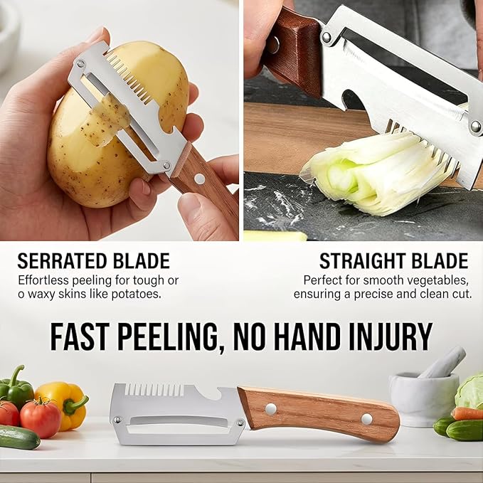 2 Pack Multifunctional Vegetable Peeler, 3-in-1 Peelers For Kitchen with Bottle Opener, Sharp Stainless Steel Swivel Blade, Wooden Handle, For Vegetables or Fruits that Need to Be Peeled