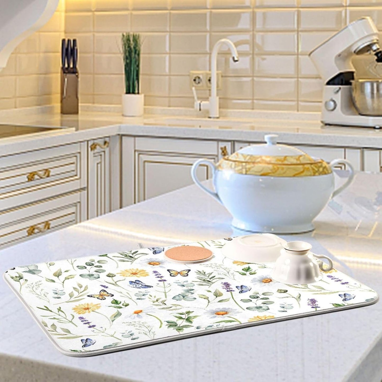 Wildflowers Butterflies Botanical Leaves Dish Drying Mat for Kitchen Counter Absorbent Microfiber Drying Pad, Large 18x24 in, Reversible Drainer Mats