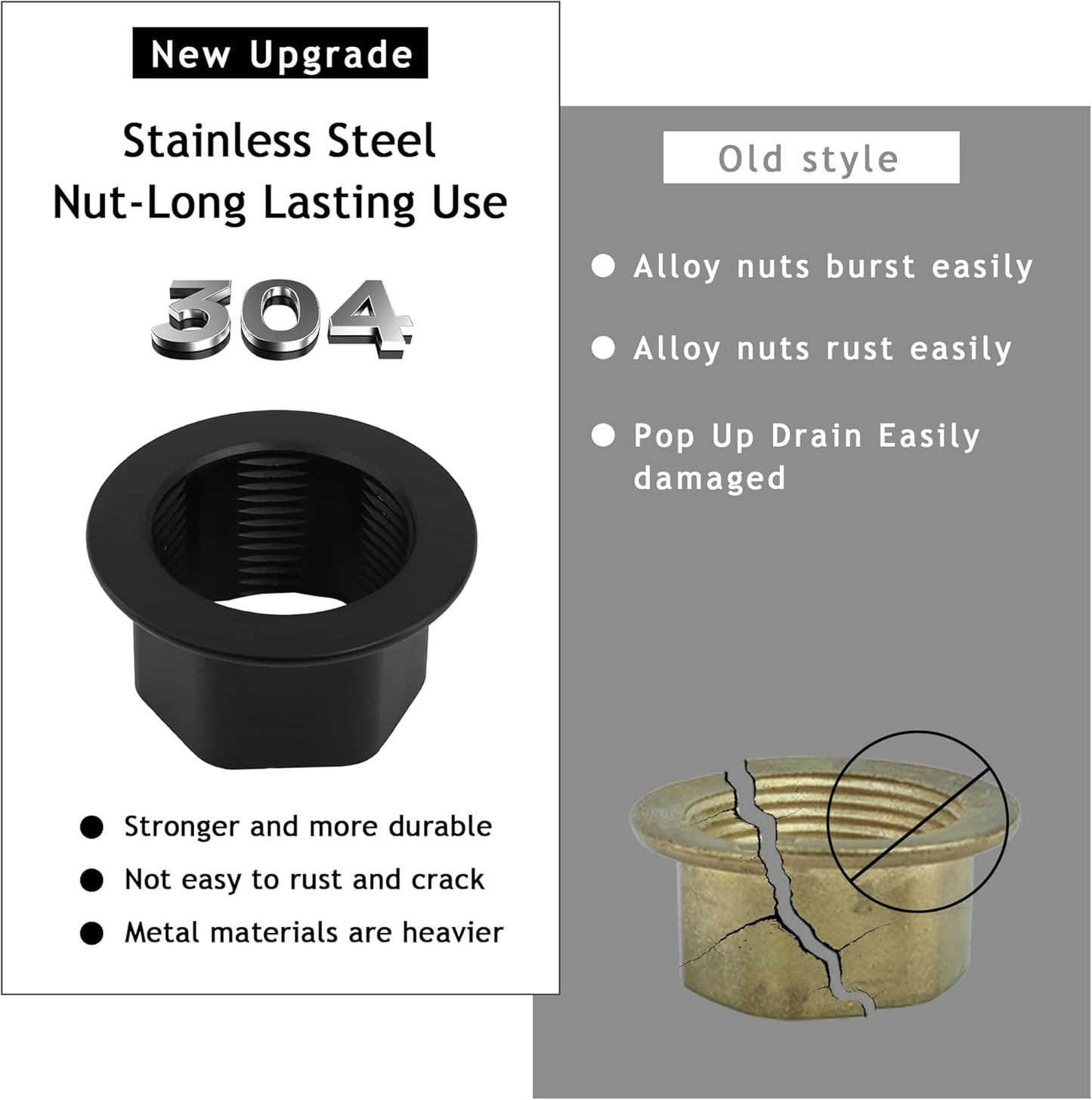 Bathroom Sink Drain,Drain Stopper Bathroom Sink Without Overflow,Pop Up Drain Assembly with Detachable Strainer Basket,Built-in Anti-Clogging, Stainless Steel Nut Mattle Black