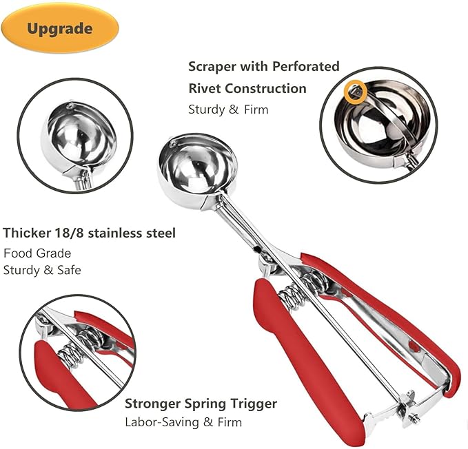 Cookie Scoop, Ice Cream Scoop, 2.5Tbsp/42ml/1.4 oz Cookie Scoops for Baking, 18/8 Stainless Steel Cookie Scooper for Baking, Cookie Dough Scoop, Ice Cream Scooper with Trigger Release (Red)