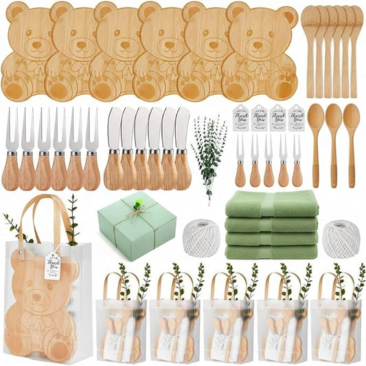 50 Pcs Baby Shower Prizes for Game Winners 6 Sets Bear Shaped Cheese Board Gift with Spoons Forks Knives Eucalyptus Box Raffia Cards Dishcloths Rope for Guests Bridal Party Favor (Green)
