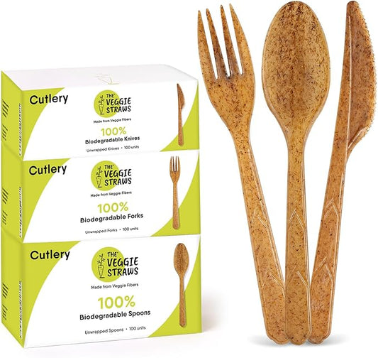 100% Biodegradable Cutlery Made of Vegetable Fibers, 300 PCS of 6.7” Long Heavy-Duty and Splinter Free Eco-Friendly Spoons, Forks & Knives, Perfect Sustainable Cutlery by The Veggie Straws
