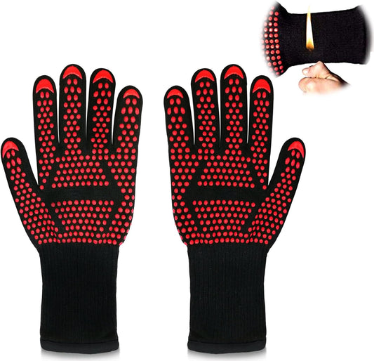 1 Pair Grill Oven Mitts, 1472°F Heat Resistant BBQ Gloves for Cooking, Non-Slip Silicone Oven Gloves, Barbecue Grill Gloves BBQ Mitts (Red-Arrow Pattern)