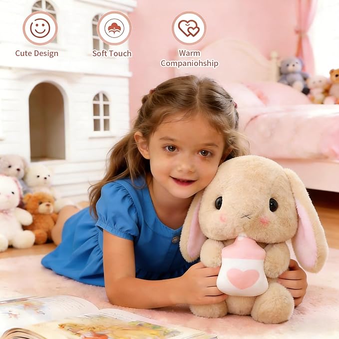 HOUPU Soft Toy - Sitting Lop Eared Rabbit, Easter White Rabbit Stuffed Bunny Animal with Carrot Soft Lovely Realistic Long-Eared Standing Pink Plush Toys (Brown-Milk Bottle,16.9in/43cm)