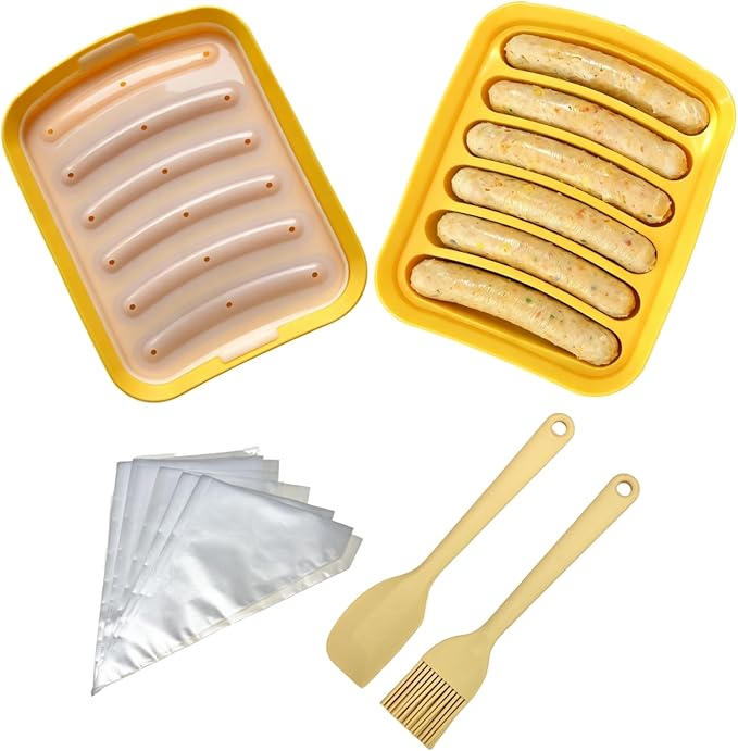 2 Pcs Silicone Sausage Mold with a Set of Silicone Brush Spatula and 25x Pastry Bags,Non-Stick Hot Dog Bun Pan,DIY Handmade Ham Sausage,Hot Dogs Baking Mold for Children's Food with Lid(Yellow/2)