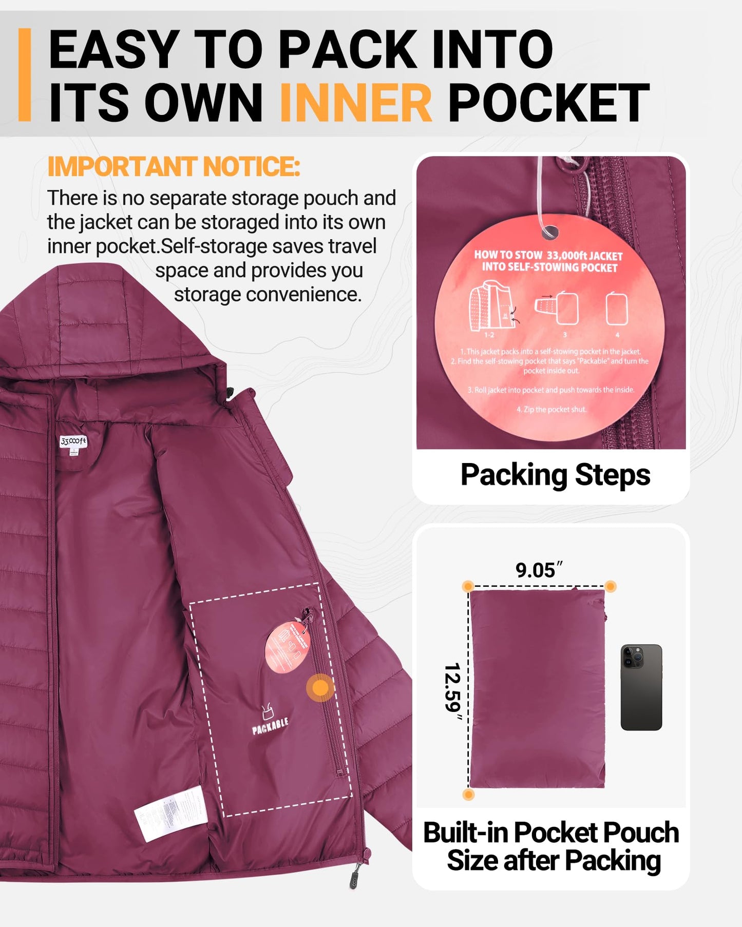 33,000ft Women's Hooded Packable Puffer Jacket Lightweight Warm Puffy Quilted Winter Coat