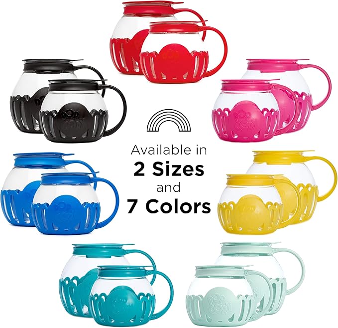 Ecolution Patented Micro-Pop Microwave Popcorn Popper with Temperature Safe Glass, 3-in-1 Lid Measures Kernels and Melts Butter, Made Without BPA, Dishwasher Safe, 1.5-Quart, Blue