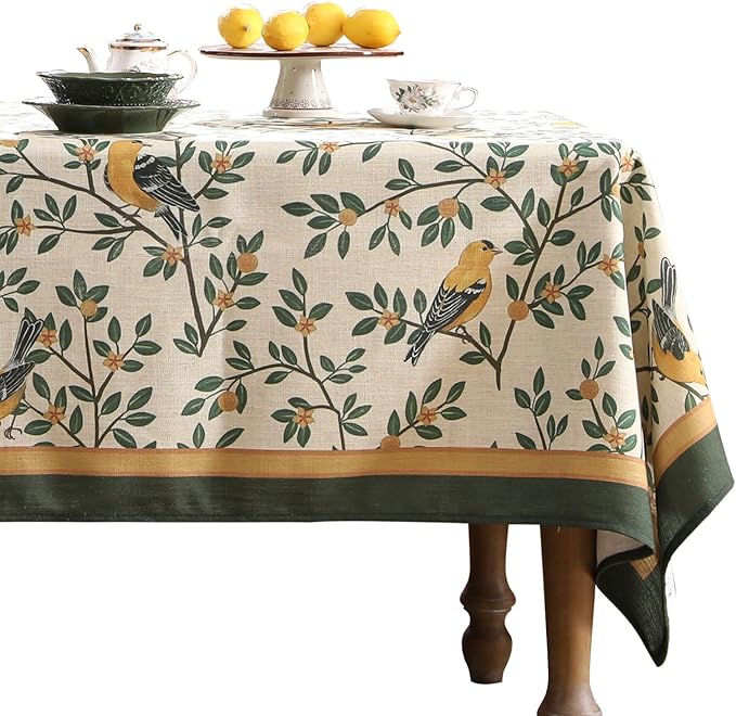 patdrea Designer French Table Cloth for Rectangle Table,Vintage Green Linen Birds and Leaves Pattern Tablecloths,Dacorative Cover Kitchen Dining,Christmas,Thanksgiving,Tea Party,55"x79"-Warbler