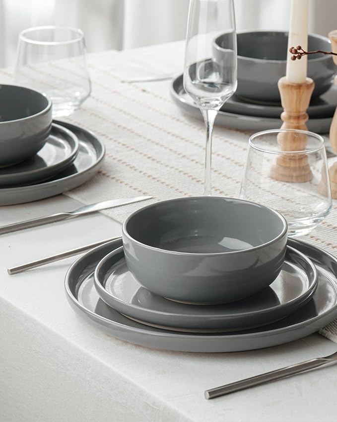 Famiware Milkyway Stoneware Dinnerware Sets with Pasta Bowls, Service for 4 (16 Pieces), Plates and Bowls Sets -Scratch Resistant, Microwave and Dishwasher Safe Dishes Set, Dark Gray