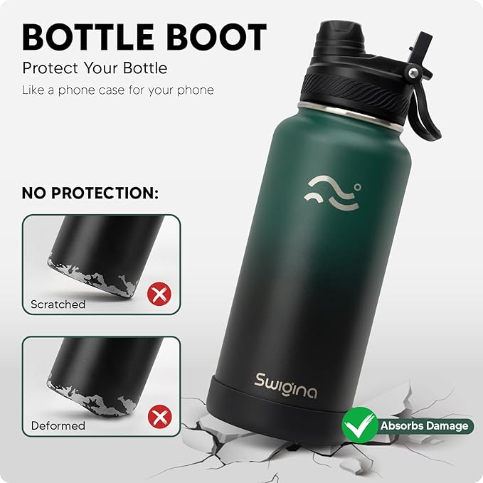 Swigina Insulated Water Bottle with Silicone Boot (36hrs Cold/18hrs Hot) - DIY Stickers, [2-in-1 Lid], BPA Free, 32 oz