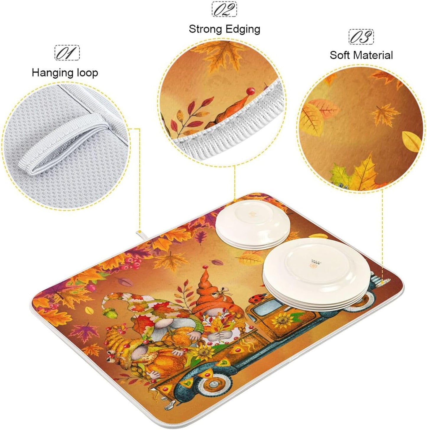 Thanksgiving Gnome Truck Autumn Dish Drying Mat for Kitchen Counter Absorbent Microfiber Drying Pad, Medium 16x18 in, Maple Leaves Reversible Drainer Mats