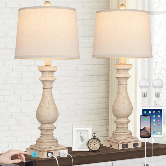 Cinkeda 29" Tall Table Lamp for Living Room Set of 2,Vintage Bedside Nightstand Lamps with USB C+A Ports & AC Outlet,3-Way Dimmable Touch Control White Washed Finish Desk Lamp for Bedroom,Color 1