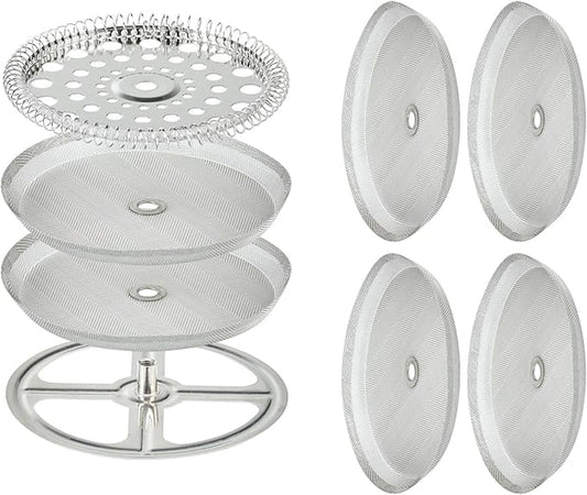 8 Pieces French Press Replacement Parts Stainless Steel Set, 6 Pieces 4in Universal French Press Screen, Containing Spiral Disk and Cross Disk for 34oz/3.75 Inch Wide French Press Coffee Press