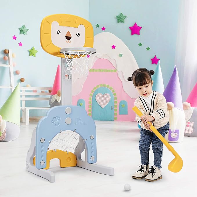 Costzon Kids Basketball Hoop, Toddler Sports Activity Center w/ 5 Adjustable Height Levels, Basketball Soccer Golf Game Set, Indoor Outdoor Basketball Hoop Set Gift for Baby Infant