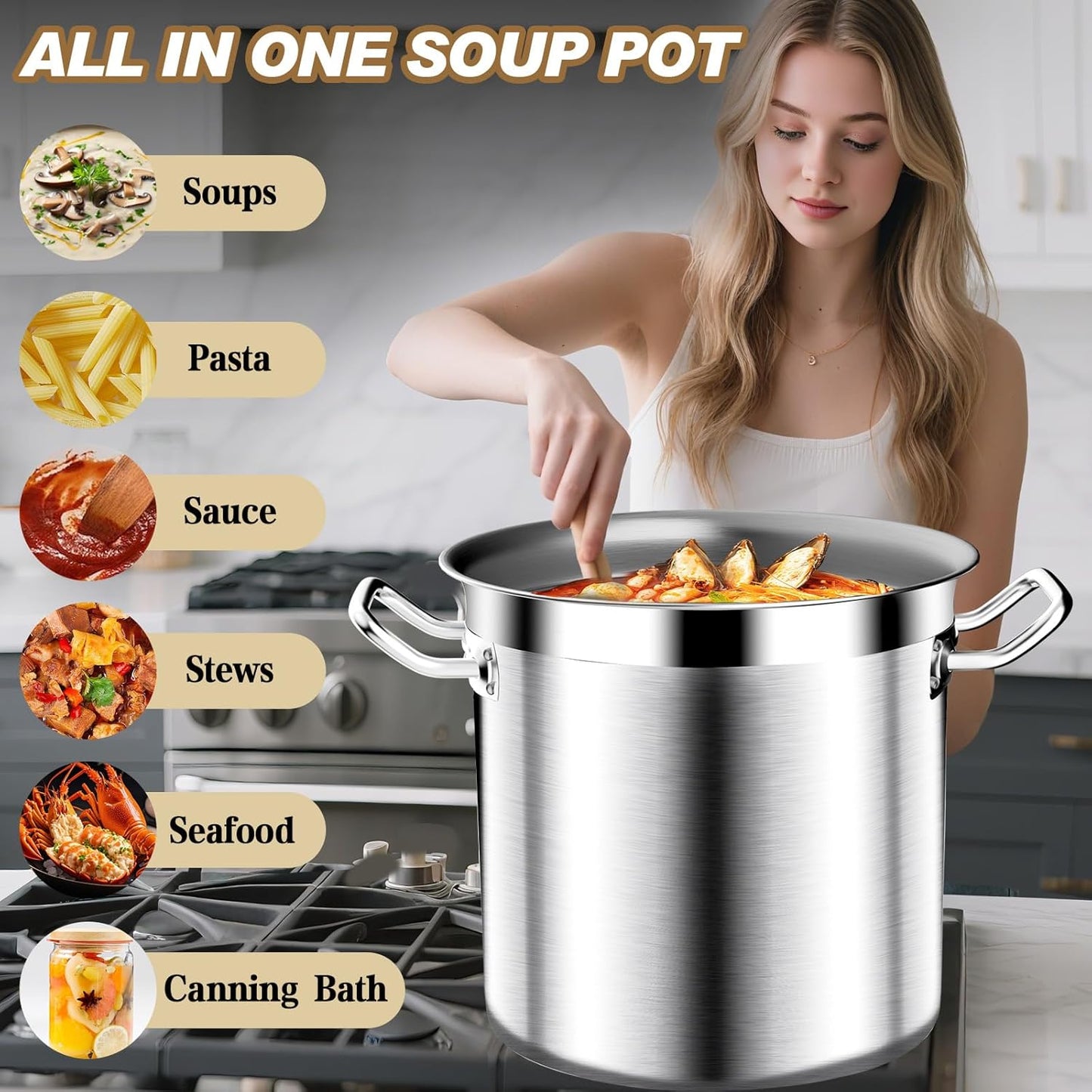 Large Stock Pot - 35Qt Brushed Stainless Steel Stock Pot With Lid - Heavy Duty Induction Commercial Grade Stockpots for Soup, Stew, Oven, Gas, Ceramic, and Dishwasher Safe