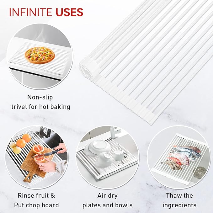 MERRYBOX Roll Up Dish Drying Rack Silicone Wrapped Over The Sink Dish Rack Foldable Dish Drainer Anti-Slip Dish Racks for Kitchen Counter, Multipurpose Kitchen Sink Drying Rack, 20.5" x 13", White