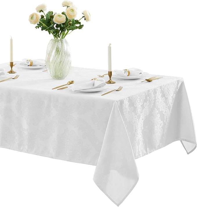 Newbridge Barcelona Luxury Damask Fabric Tablecloth, 70” x 70”, Square, White, 100% Polyester, No Iron, Soil Resistant Dining Room, Party and Banquet Table Cover