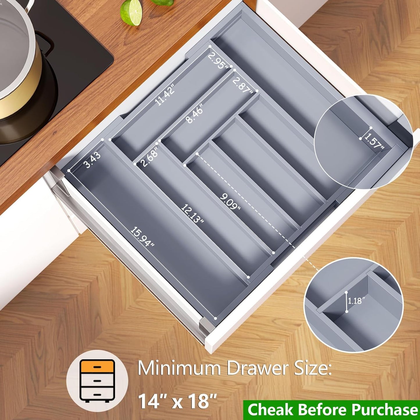 Pipishell Bamboo Expandable Drawer Organizer for Utensils Holder, Adjustable Cutlery Tray, Wood Drawer Dividers Organizer for Silverware, Flatware, Knives in Kitchen, Bedroom, Living Room(Grey)