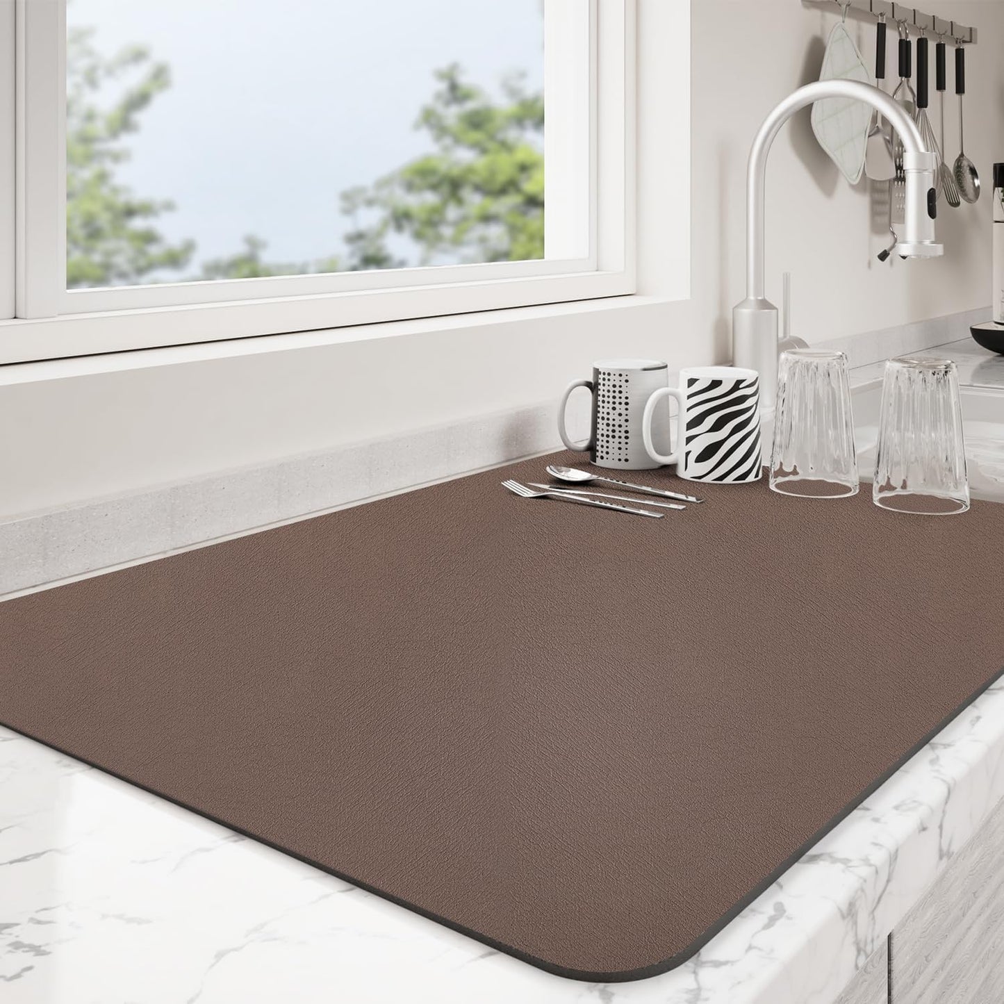 Dish Drying Mat for Kitchen Counter | Coffee Bar Mat for Countertops | Heat Resistant Drainer Mat with Non-slip Rubber Backed | Hide Stain Kitchen Absorbent Draining Mat | Brown 16"x20"