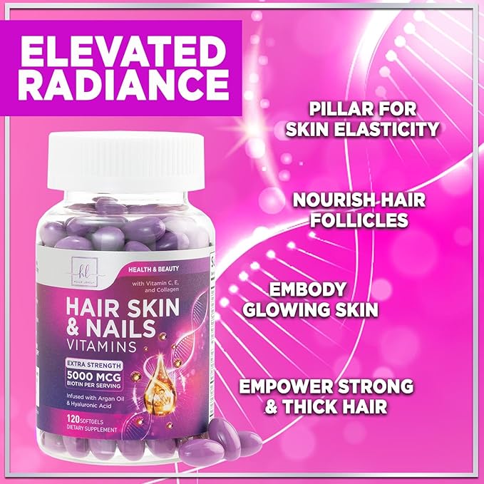 Hair, Skin & Nails Vitamins for Women - Biotin 5000mcg to Support Hair Growth with Argan Oil, Collagen & Hyaluronic Acid, Beautiful, Stronger Skin, Hair & Nails Vitamin Supplement - 120 Softgels