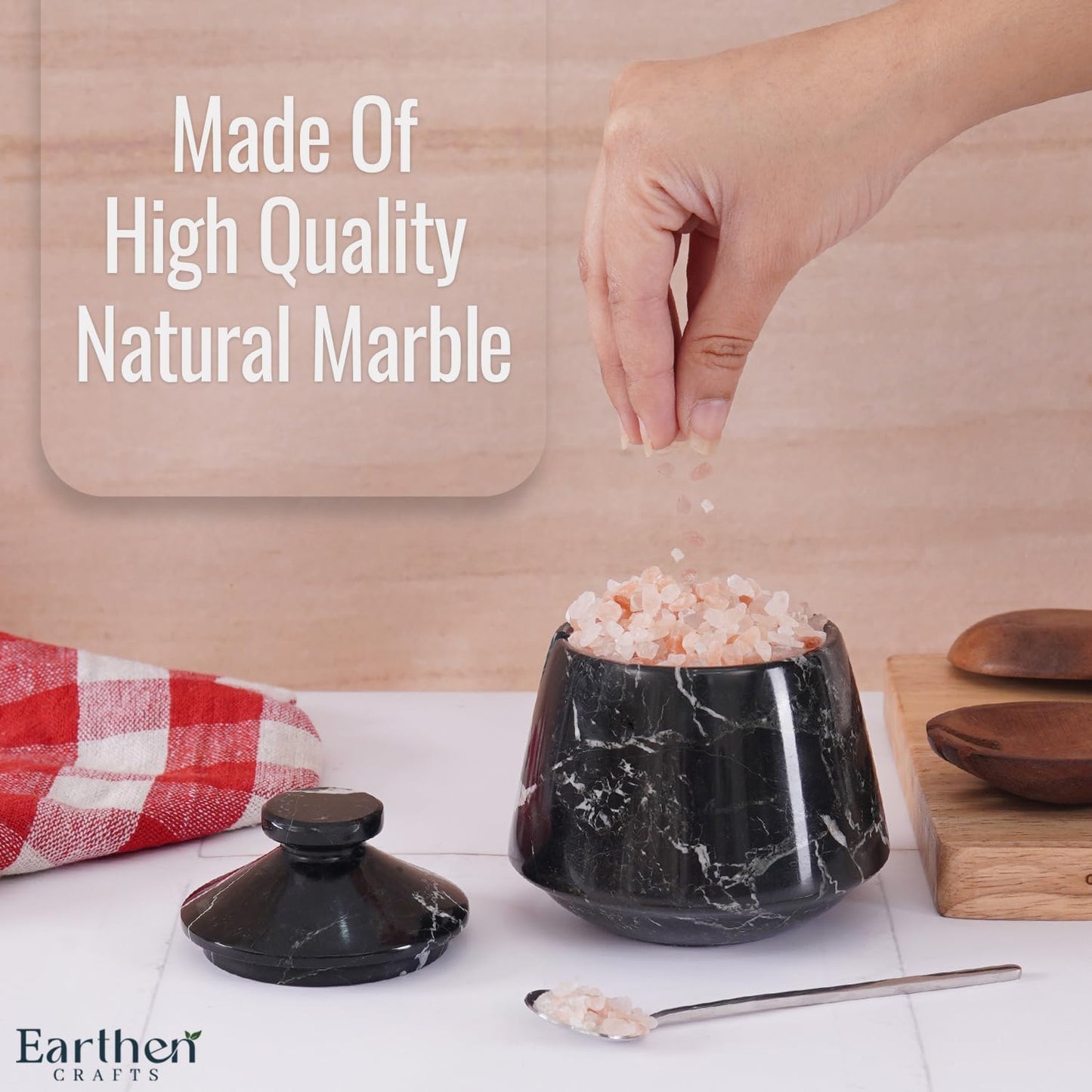 Marble Salt Cellar With Lid & Spoon Black Zebra 4 Inch Stone Salt Container - Seasoning Spice Jar Holder & Jewelry Storage - Salt Box For Kitchen Counter