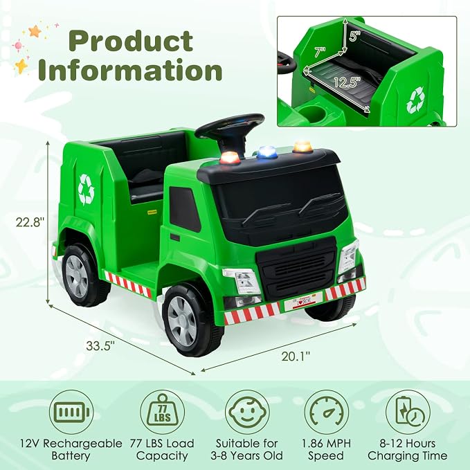 Costzon Ride on Car, 12V Battery Powered Recycling Garbage Truck w/Remote Control, Warning Lights, Music, Horn, 6 Recycling Accessories, Ride on Truck Toy for Kids 3-8 Years Old (Green)
