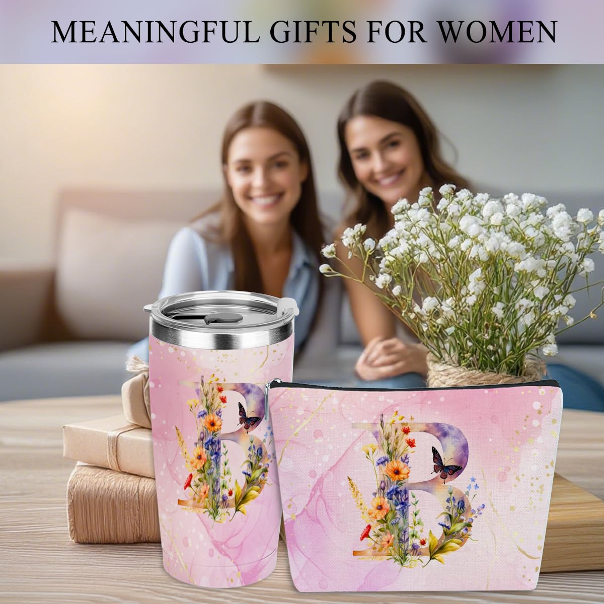 XLRSDF Personalized Gifts Monogrammed Birthday Gifts for Women, Cowerker Mom Boss Day Christmas Initial 20 oz Tumbler, Makeup Bag Cup Ballpoint Pens Journal Notebook 6 Set, (Aesthetic Pink Flower B)