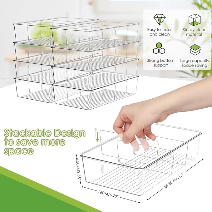 Snack Organizer for Pantry Shelf, 8 Pack Clear Plastic Pantry Storage Bins with 3 Dividers for Snacks, Spices, Chips Food Organizer, Stackable Pantry Organizers for Kitchen, Fridge, Cabinet