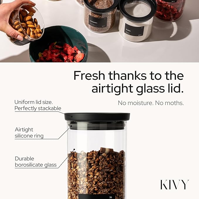 KIVY Airtight Glass Jars with Lids & Labels [3x 40oz] Stackable Glass storage jars with airtight lids - Glass Jars with airtight lid - Food Glass canisters with air tight lids - Pantry containers