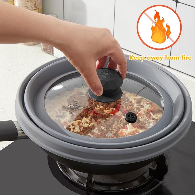 Microwave Splatter Cover Vented Glass Splatter Guard Lid with Collapsible Silicone for Food as Pot Cover Plate 9.8 inch Light Grey