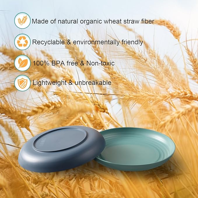 12 Pcs Unbreakable Deep Dinner Plates Set, 9 inch Reusable Plastic Wheat Straw Plates, Microwave and Dishwasher Safe Plate for Kitchen, Lightweight Plate for Dessert, BPA Free, 4 Colors