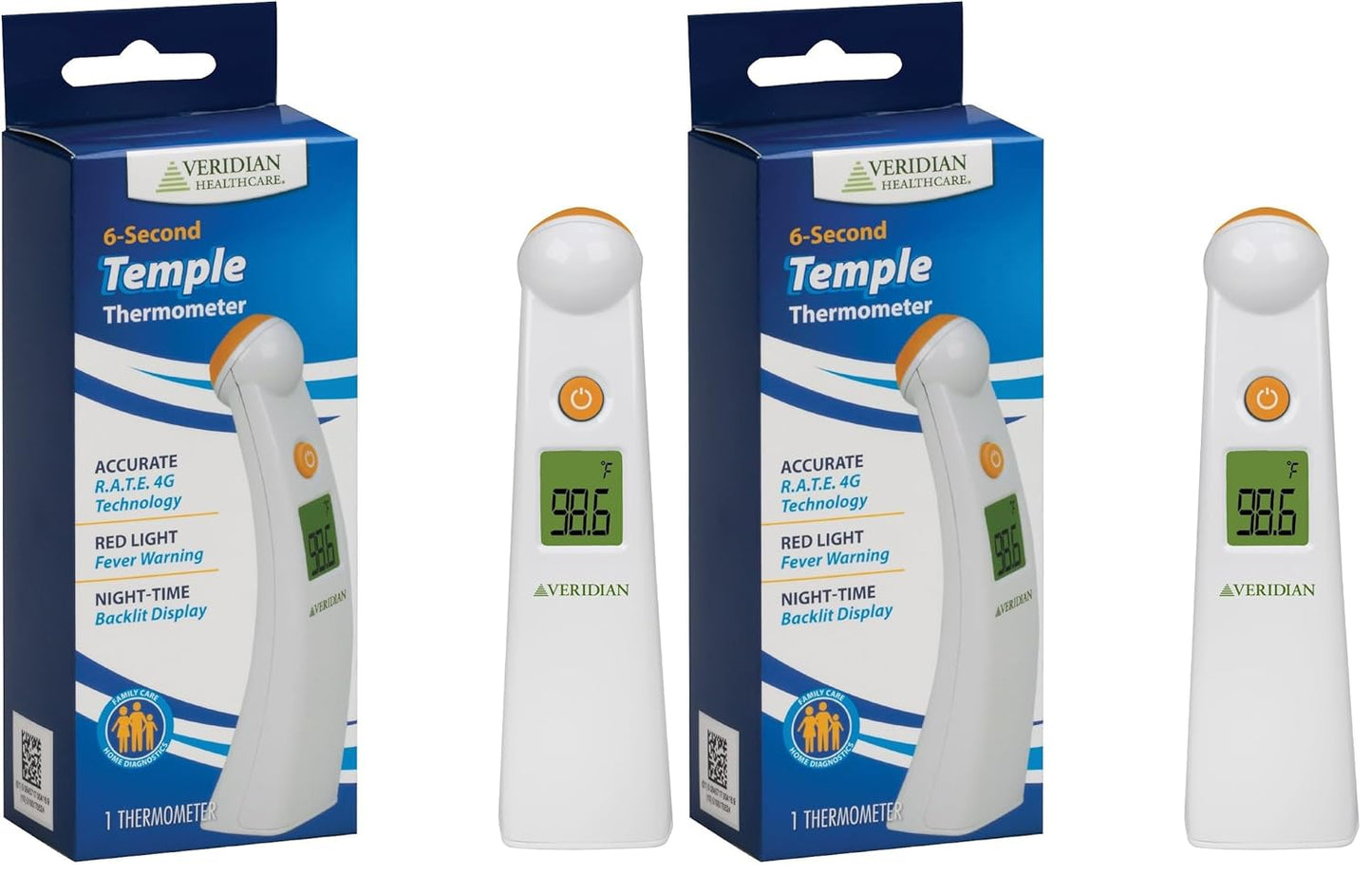 Veridian Healthcare Temple Thermometer | Infrared Measurements | Fast 6-Second Readout | Fever Alert | Backlit Display | Programmable Timer | 1-Year Warranty (Pack of 2)