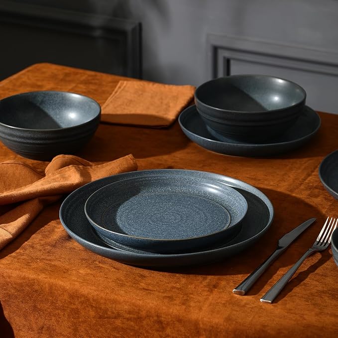 Stone Lain Elio 24-Piece Dinnerware Set Stoneware, Plates and Bowls Set, Dish Set for 8, Blue