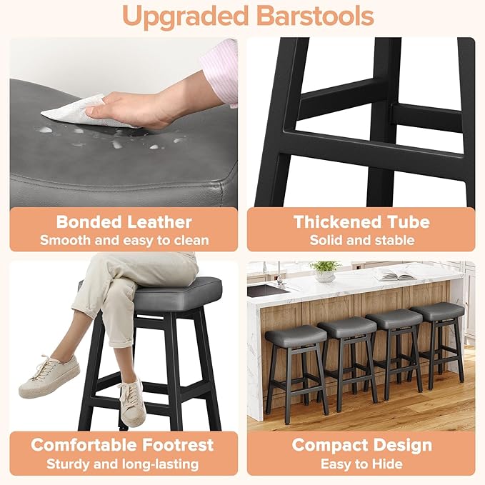 29 Inches Bar Stools Set of 2, Bar Height Barstools for Home Counter, Blackless Barstool with Bonded Leather Saddle Seats & Heavy Duty Metal Legs, Easy Assembly, All Black