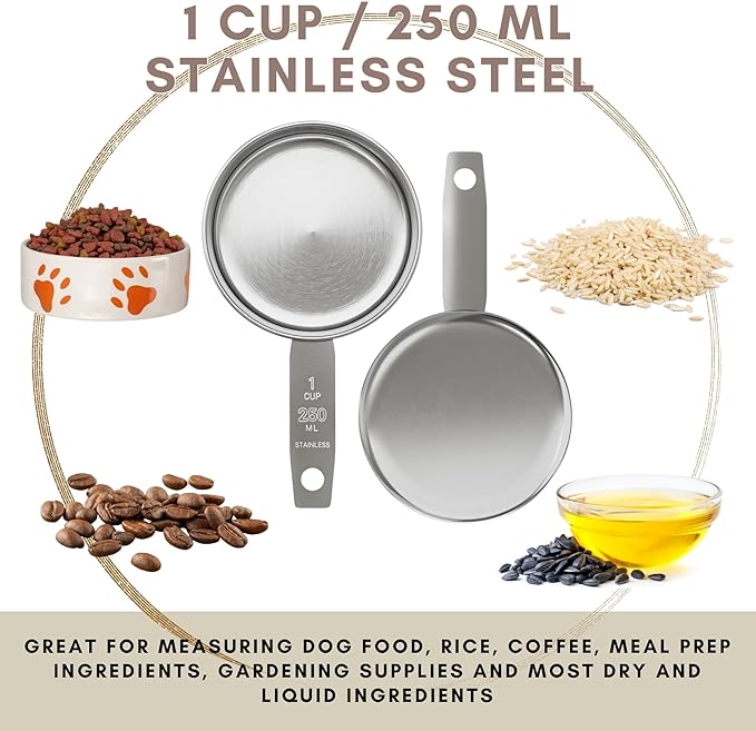 1 Cup Stainless Steel Measuring Cup | Sturdy Metal 250 ml | 240 cc | 8 oz | Single Cup for Wet and Dry Ingredients | Great for use as 1 Cup Dog Food Scoop - 1 PK