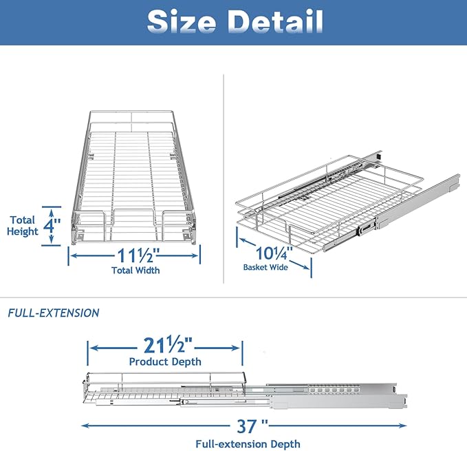 LOVMOR Pull Out Cabinet Organizer 11½" W x 21½" D, Kitchen Cabinet Pull Out Shelves Slide Out Storage