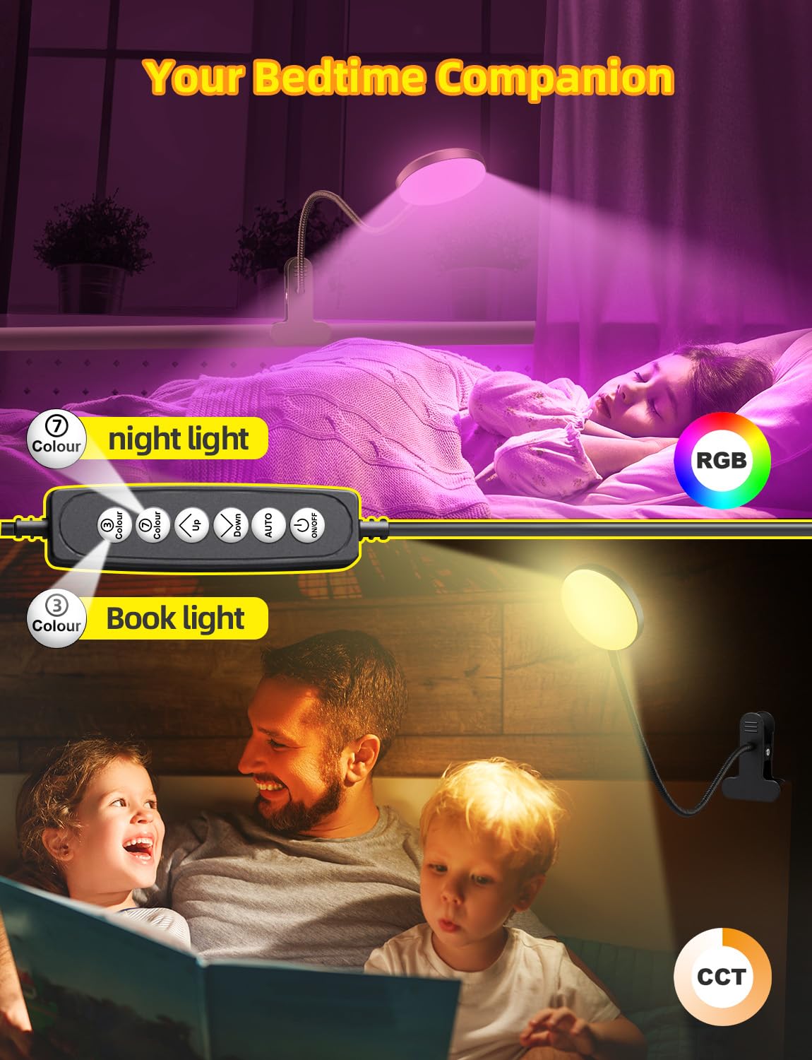 Reifeiniwei Desk Lamp with Clamp-10W，2-in-1 with RGB Ambient Light & Warm White Light,Book Reading Light Color Changeable/Flexible Gooseneck LED Lamps Clip on Bed Headboard and Computers 800LM-Black