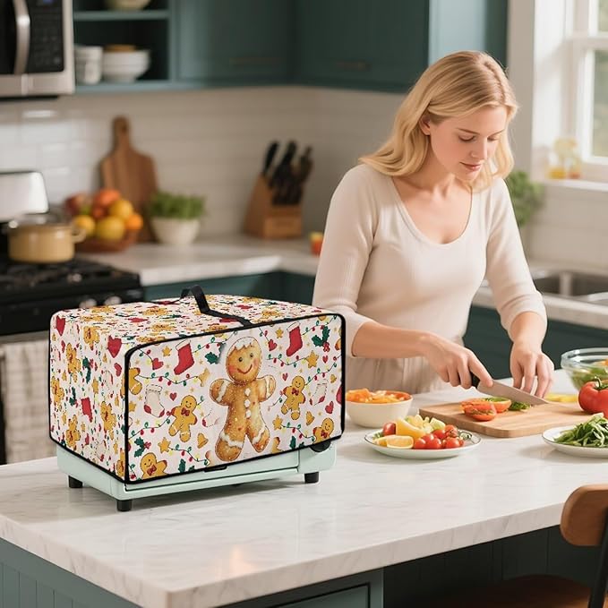 Countertop Convection Oven Cover Dust-Proof Toaster Oven Cover with Accessories Pockets, Countertop Convection Oven Protector, S, Gingerbread Man Christmas String Lights