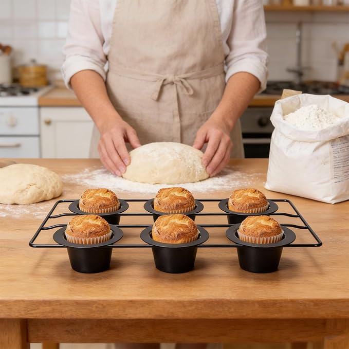 Aramox 6 Cup Popover Pan for Baking, Non Stick Carbon Steel, Deep Tapered Cups with Wire Rack, 22.5x40.5x5.5cm/8.9x15.9x2.2in