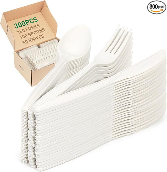 100% Compostable Cutlery Set, 300pcs (150 Forks,100 Spoons,50 Knives) Disposable Cornstarch Utensils Heavy Duty BPI Certified Eco-Friendly Party Supplies No Plastic, Ivory White