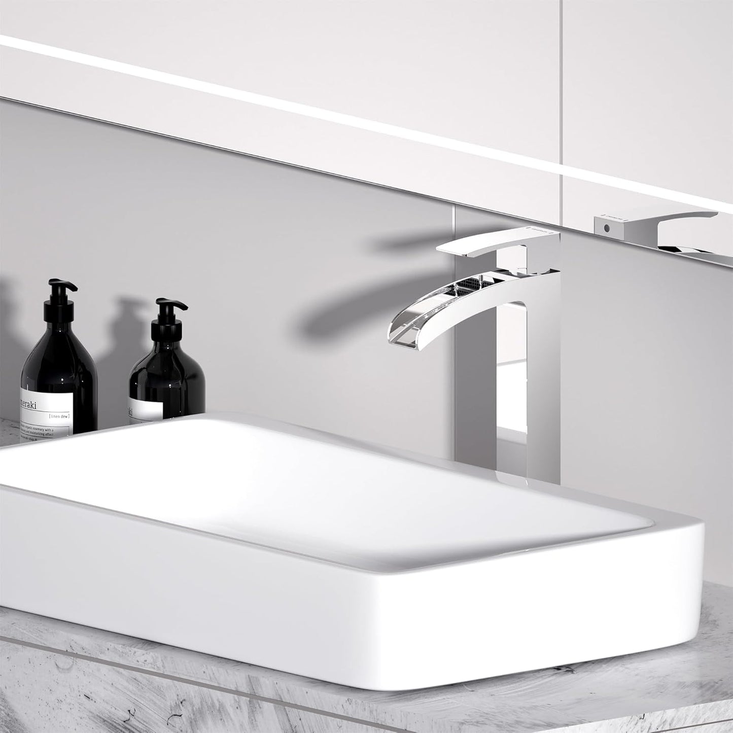 Bathroom Faucet Tall Vessel Sink Waterfall Faucet Deck Mount Single Handle Lavatory with Water Supply Line（Polished Chrome）