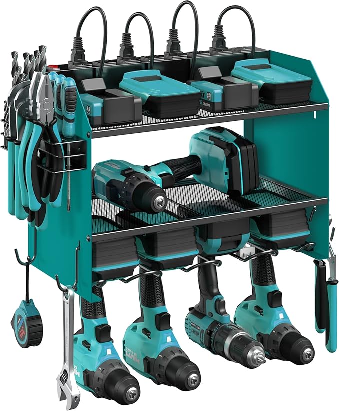 CCCEI Modular Power Tool Organizer Wall Mount with Charging Station. Garage Drill Storage Shelf with Hooks, Heavy Duty Rack, Tool Battery Holder Built in 8 Outlet. Gift for Men. Navy Blue, 2 Pack.