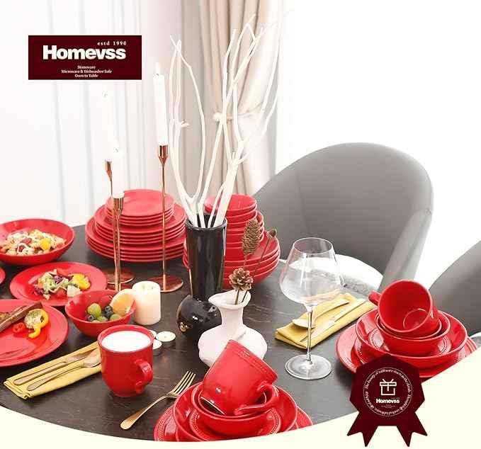 Pearl Dots Stoneware Dinnerware Set (56pc Set, Red)