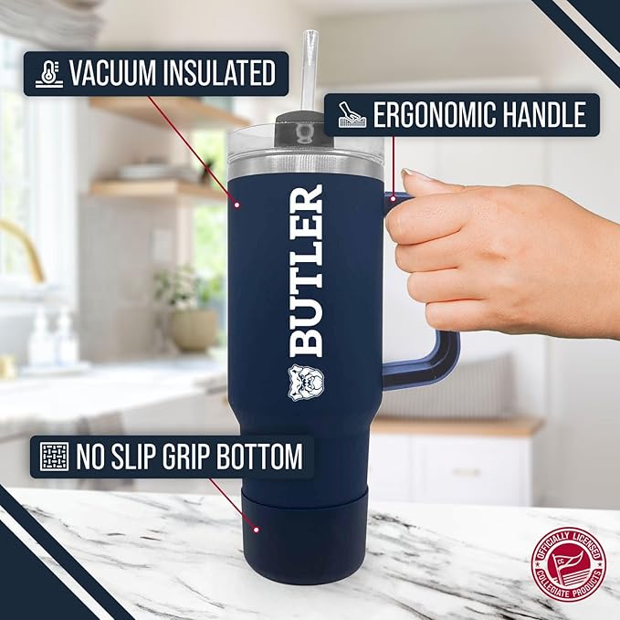 Campus Colors College & University 40 oz Travel Tumbler With Handle - Dual Option Lid With Straw - Vacuum Insulated Stainless Steel (Butler Bulldogs - Navy)