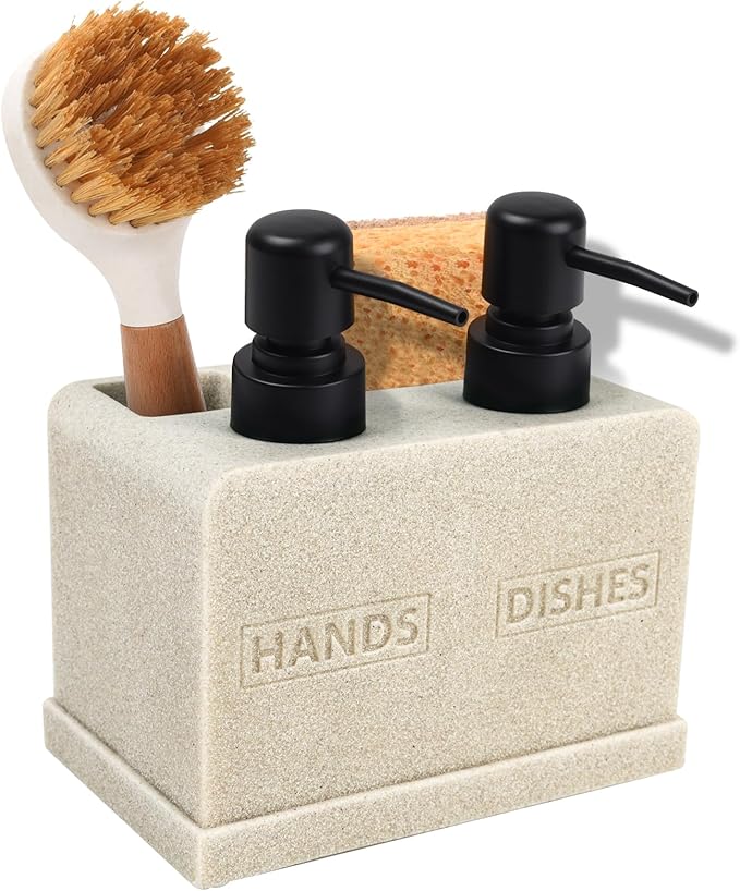 Hand and Dish Soap Dispenser Set for Kitchen Sink,Dual Soap Dispenser with Sponge Caddy and Brush Holder 4-in-1 Countertop Organizer for Kitchen Bathroom,Useful Kitchen Gadgets-Beige